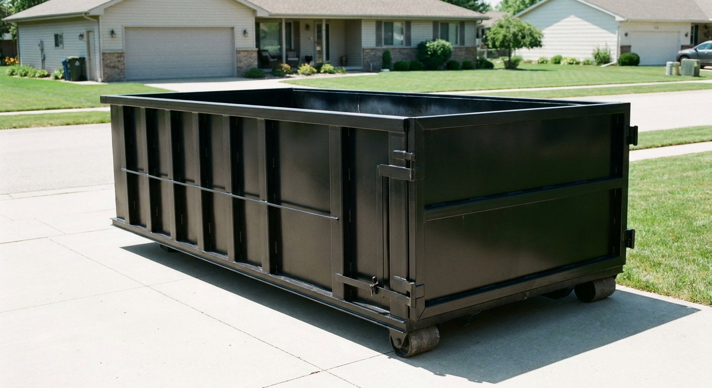 Matte-black 10-yard roll-off dumpster on a residential concrete driveway in Bryan, uniformly painted matte black across every panel and rail, ribbed steel sidewalls and rear swing door visible, mid-day daylight.