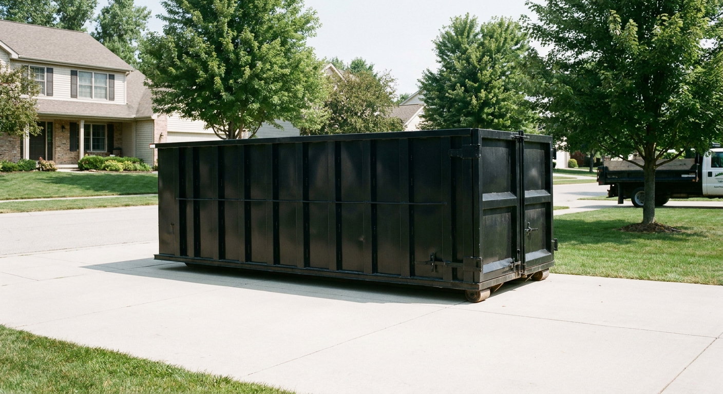 Matte-black 20-yard roll-off dumpster sitting level on a clean Bryan residential concrete driveway under bright daylight, demonstrating clean placement directly on the concrete.