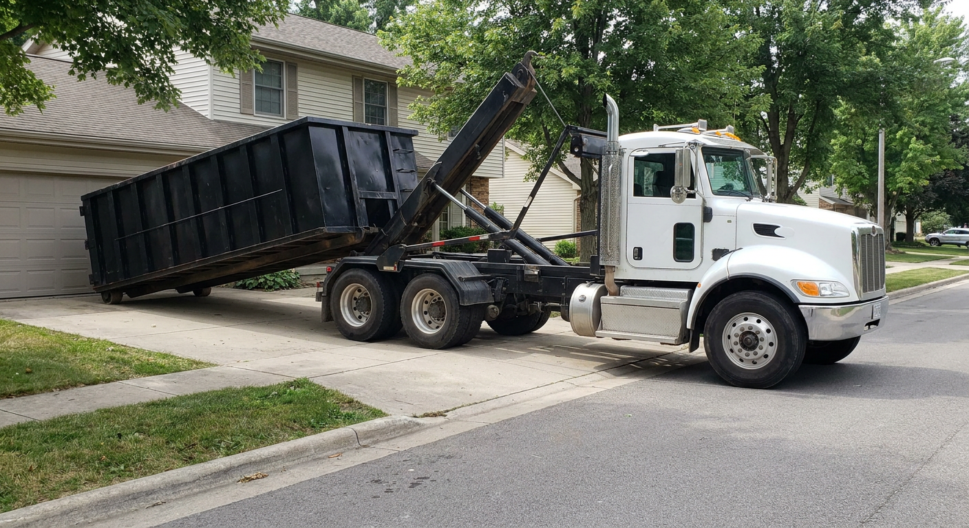 White-cab hooklift roll-off truck actively lowering a matte-black dumpster onto a Bryan residential concrete driveway, the dumpster's rear wheels touching the driveway as the hoist arm tilts the bed forward, mid-morning daylight.