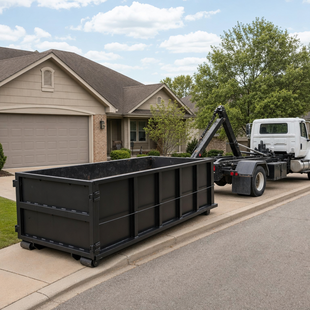 Wide documentary shot of a matte-black roll-off dumpster on a Bryan residential driveway in the foreground and a contractor jobsite container in the soft-focus background, bright daylight, calm and orderly composition.